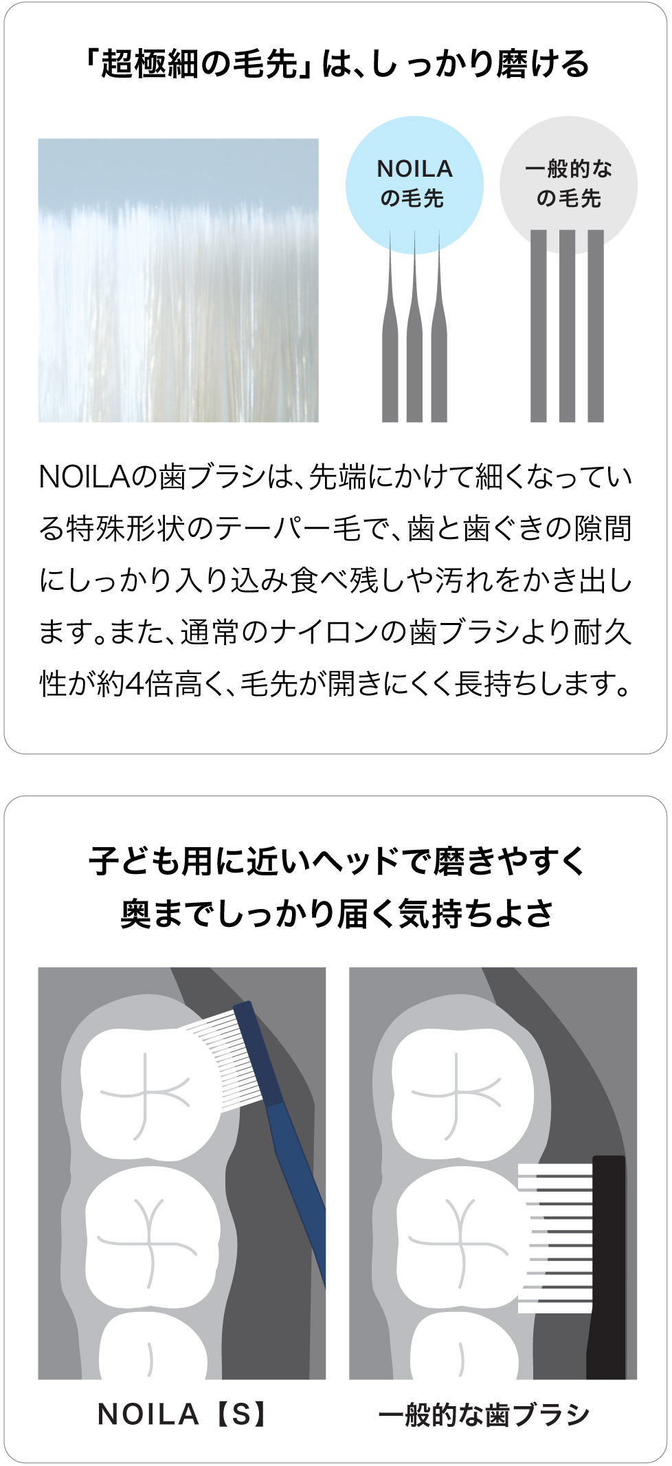 NOILA(ノイラ のいら) S トゥースブラシは極細テーパー毛ブラシの毛先と奥歯に入り込む薄型ヘッド形状